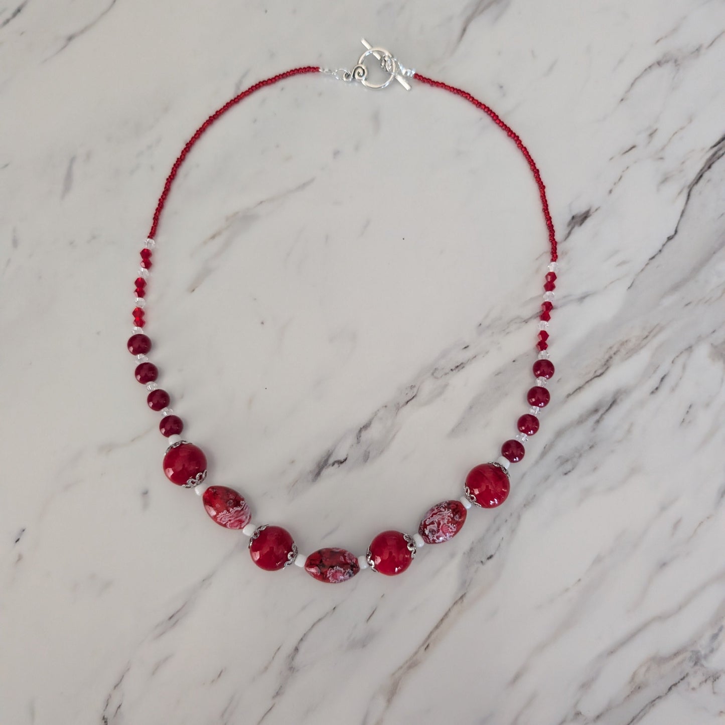 22-Inch Red Glass Bead Statement Necklace with Silver Toggle Clasp