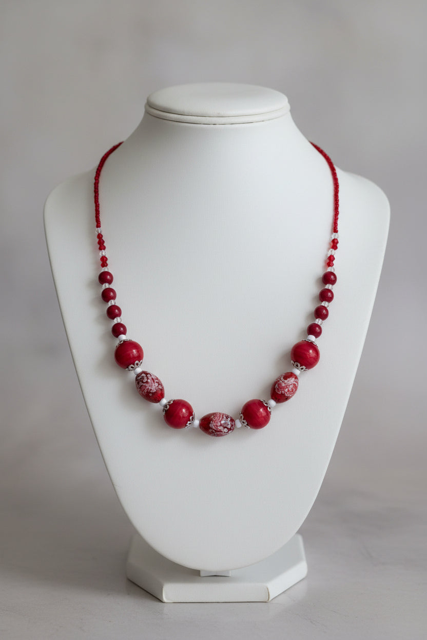 22-Inch Red Glass Bead Statement Necklace with Silver Toggle Clasp