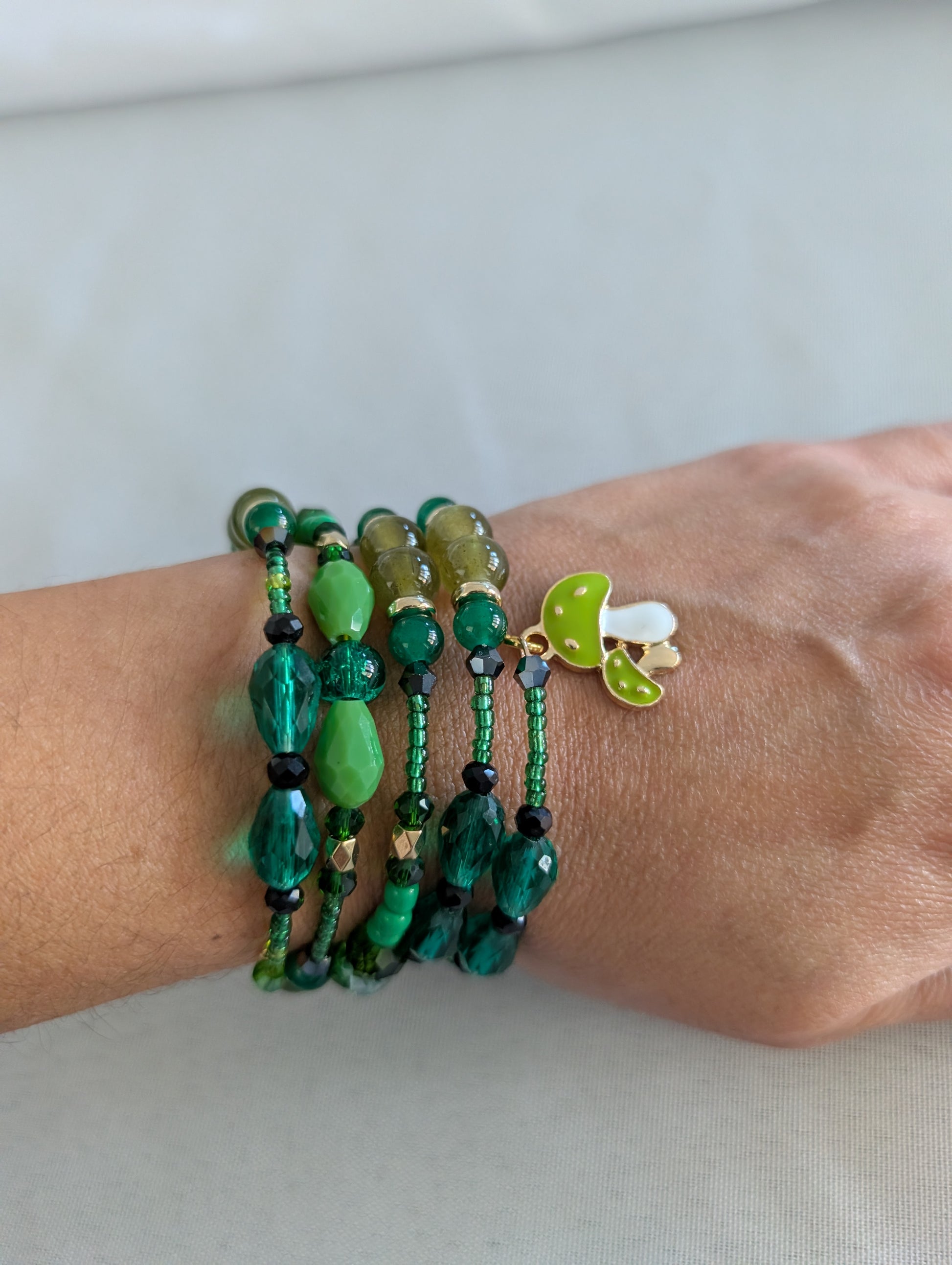 4 coil Boho Green Wrap Bracelet with mushroom charm