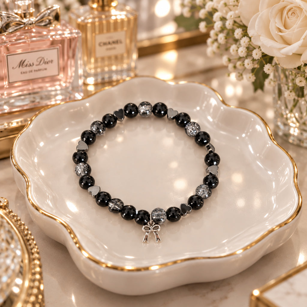 Black Crackle Glass Bead Stretch Bracelet with Silver Heart Accents & Bow Charm - Gothic Coquette Beaded Jewelry