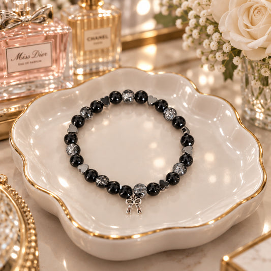 Black Crackle Glass Bead Stretch Bracelet with Silver Heart Accents & Bow Charm - Gothic Coquette Beaded Jewelry