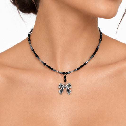 Black Crystal & Silver Tube Bead Memory Wire Choker – Textured Bow Charm