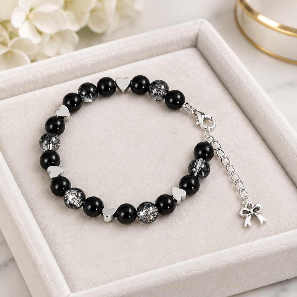 Black Glass Beaded Memory Wire Bracelet – Crackle Glass, Silver Hearts & Ribbon Charm, Adjustable (7"-8")