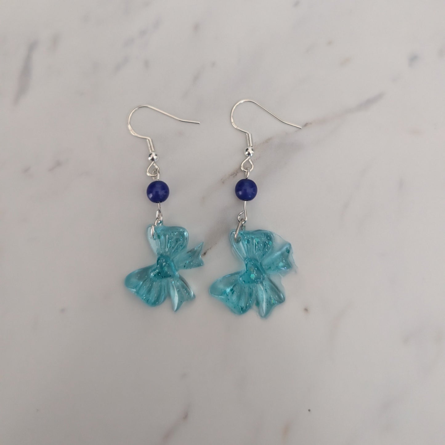 Resin Bow Earrings with Accent Bead & 925 Sterling Silver Hooks