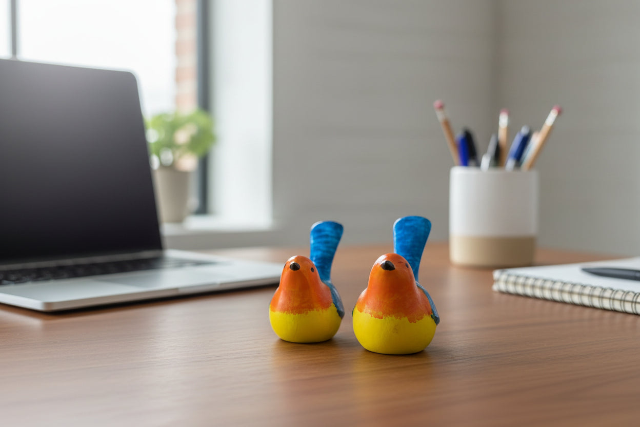 Two colorful bird figurines with blue wings on a wooden surface