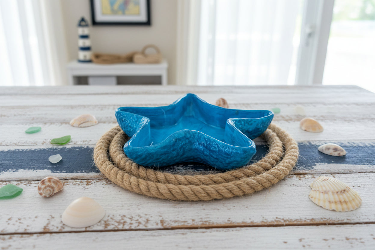 Blue starfish trinket dish on a rope coaster with seashells on a wooden surface.