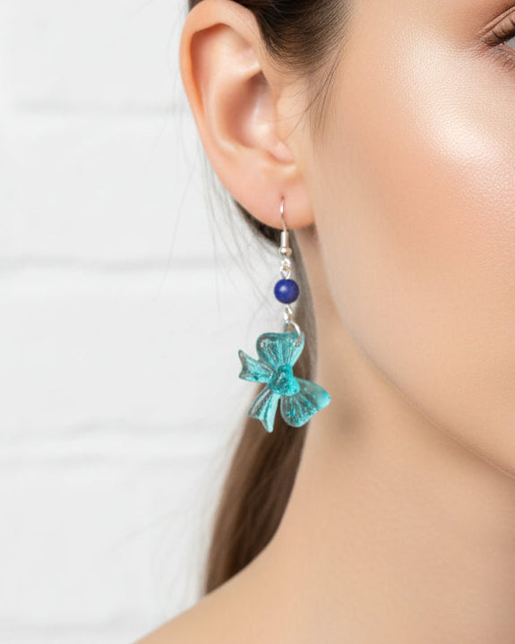 Resin Bow Earrings with Accent Bead & 925 Sterling Silver Hooks