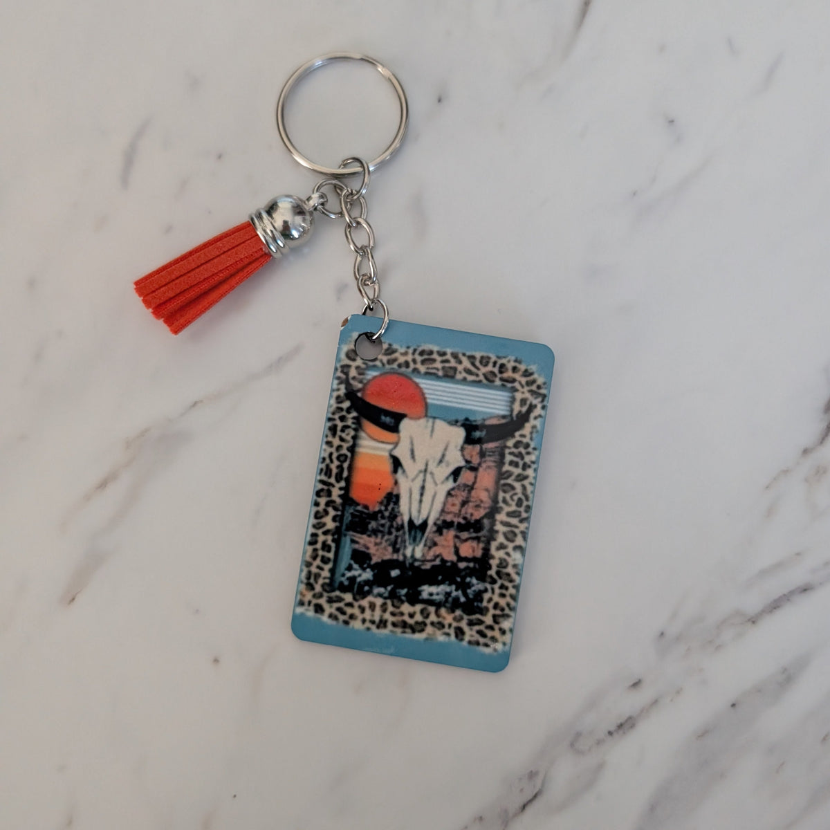 Boho Western Bull Skull Keychain | Double-Sided Sublimated Charm & Tassel