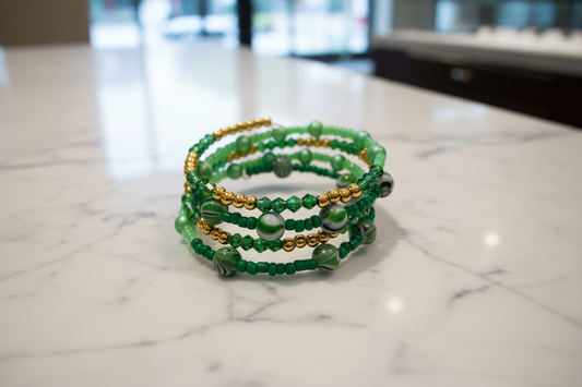 Bracelet - 4 coil Green beads with  gold spacer beads memory wire bracelet