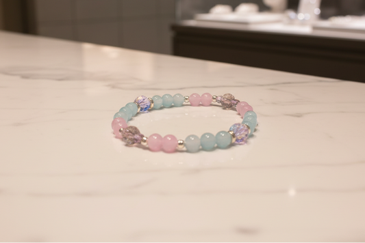 Bracelet - Elastic 6mm and 8mm blue & pink glass beads and rose gold spacer beads