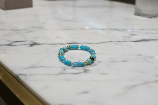 Bracelet - Elastic 6mm and 8mm blue teal & blue brown glass beads and gold spacer beads