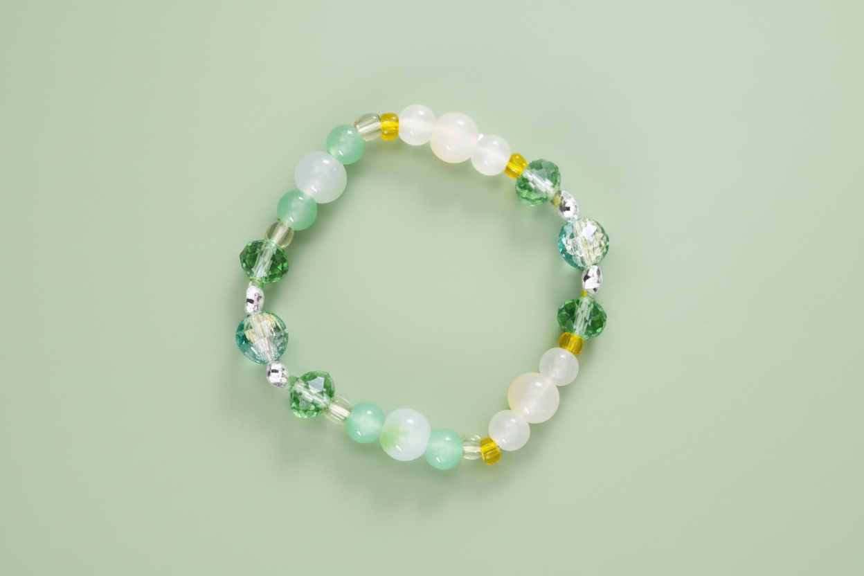 Bracelet - Elastic 6mm and 8mm green & yellow glass beads and silver spacer beads