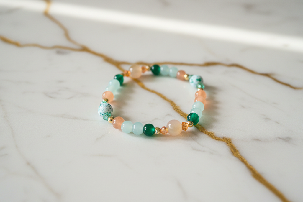 Bracelet - Elastic 6mm and 8mm orange green & green patterned glass beads and orange green 4mm bicone beads and gold spacer beads