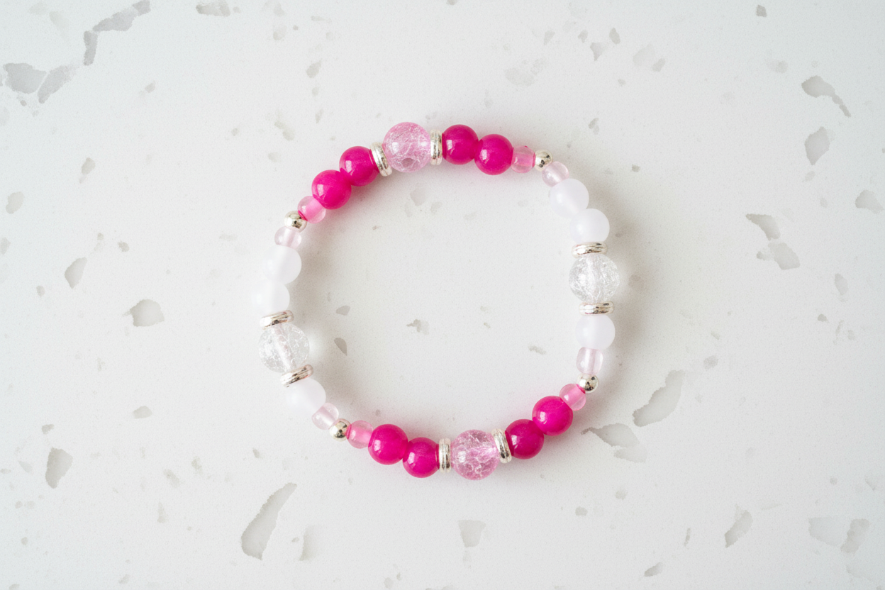 Bracelet - Elastic 6mm and 8mm pink & white glass beads and rose gold spacer beads