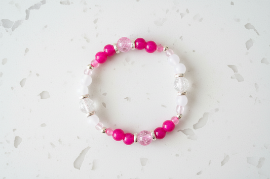 Bracelet - Elastic 6mm and 8mm pink & white glass beads and rose gold spacer beads