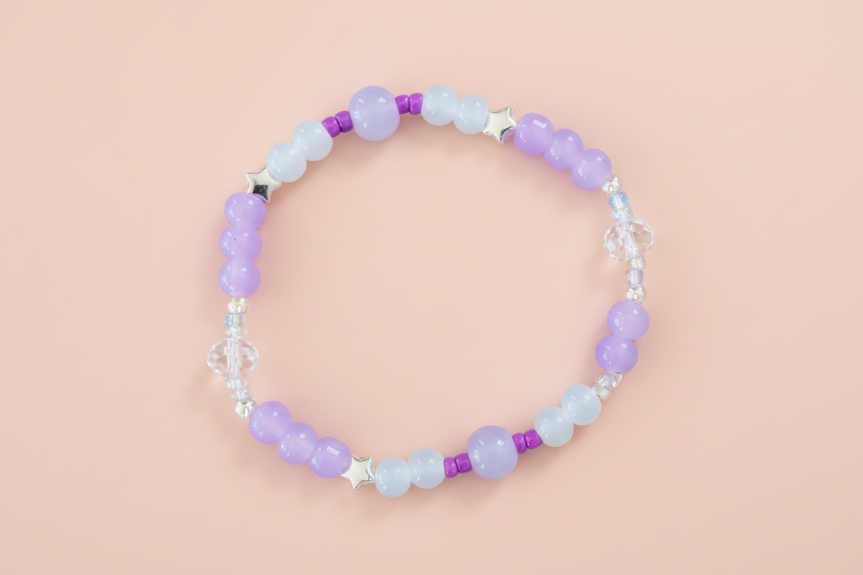 Bracelet - Elastic 6mm and 8mm purple white & clear glass beads and purple clear seed beads and silver spacer beads