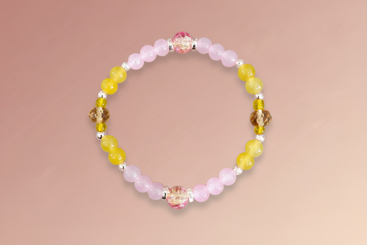 Bracelet - Elastic 6mm and 8mm yellow & pink glass beads and rose gold spacer beads