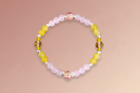 Bracelet - Elastic 6mm and 8mm yellow & pink glass beads and rose gold spacer beads