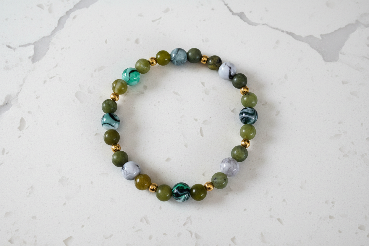 Bracelet - Elastic 6mm natural green jade with 8mm acrylic green & black ink pattern beads and gold spacer beads