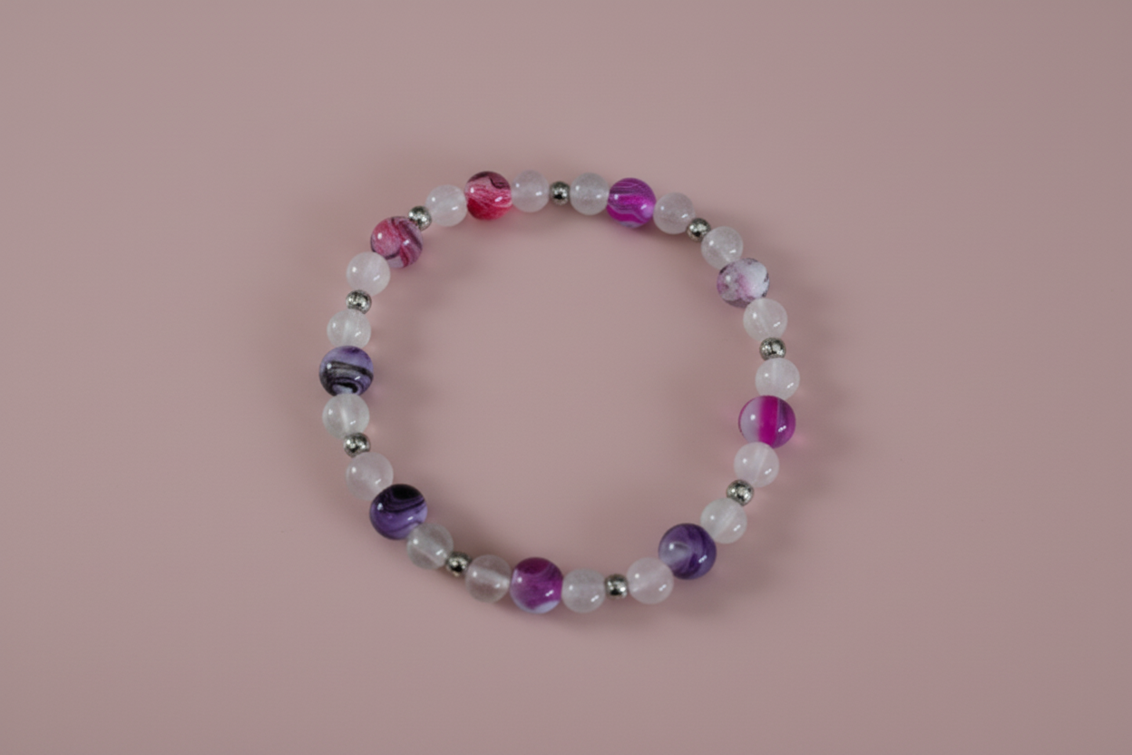 Bracelet - Elastic 6mm natural rose quartz with 8mm acrylic pink & purple ink pattern beads and silver spacer beads