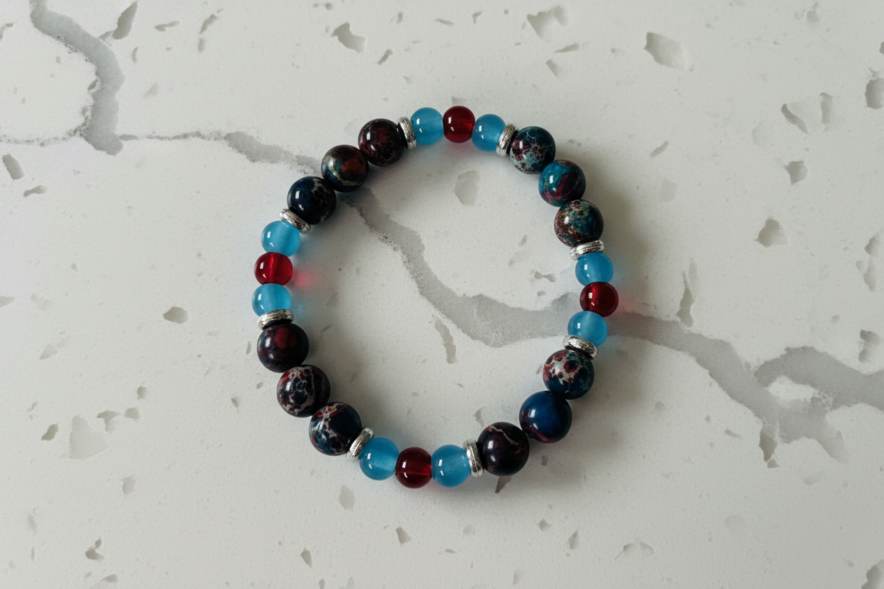 Bracelet - Elastic  blue, red and brown tones 8mm & 6 mm glass beads with silver spacers