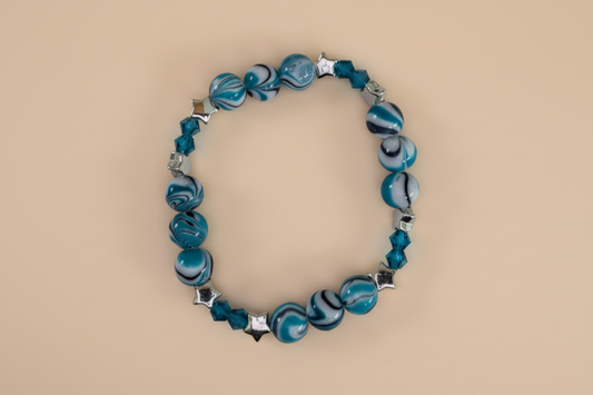 Bracelet - Small 6 inches Elastic blue 8mm beads & blue 4mm bicone beads with silver spacer beads