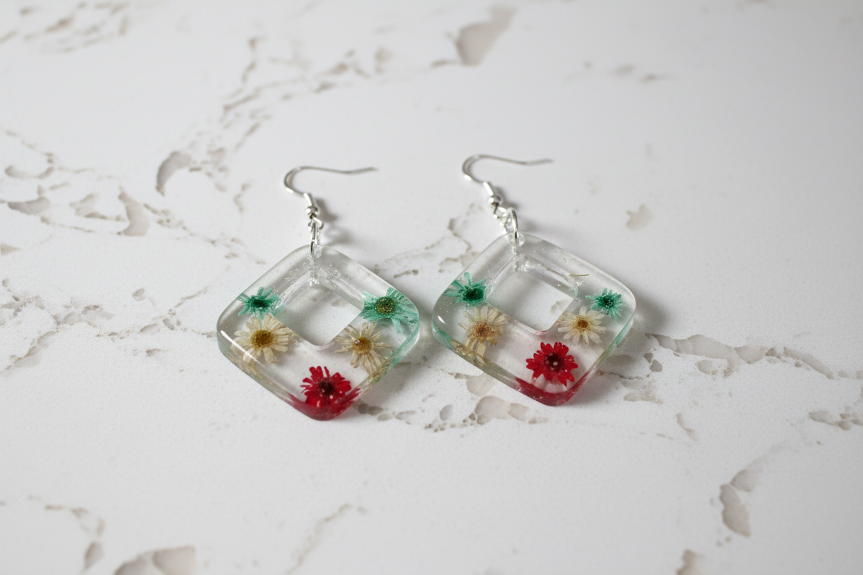 clear resin with flowers on a sterling silver hook