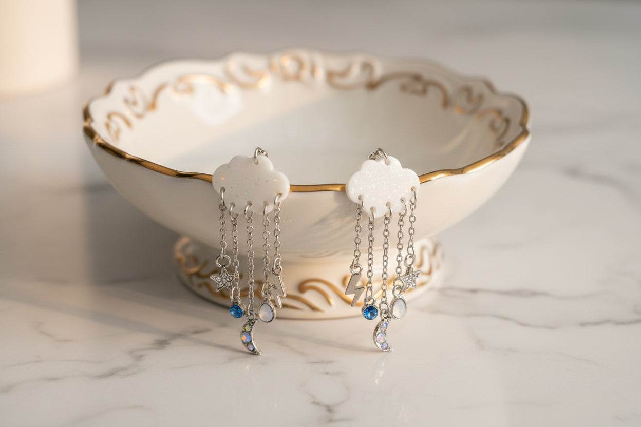 Silver cloud earrings with silver chains and silver hooks