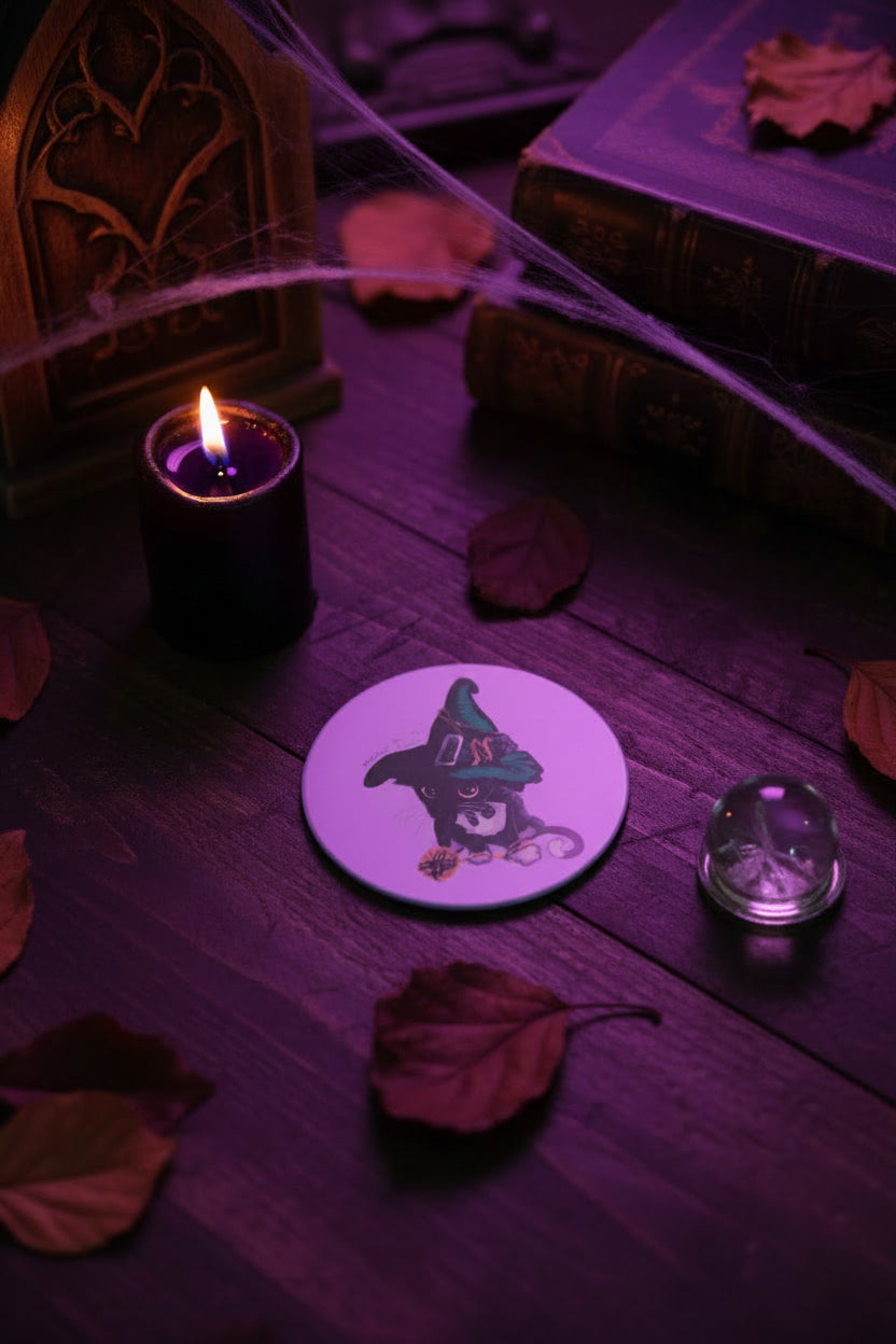 Cute Witch Cat Sublimated Ceramic Coaster, Gothic Kitten Table Accent