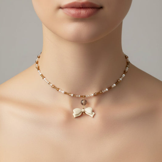 Czech Glass White Bow Memory Wire Choker – Brown & Gold Crystal Bead Collar