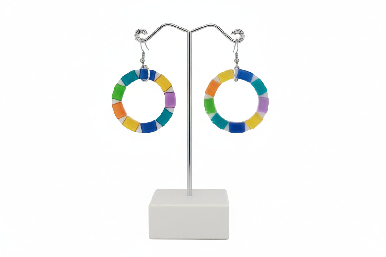 Earrings - Acrylic color pattern hoops on silver hook