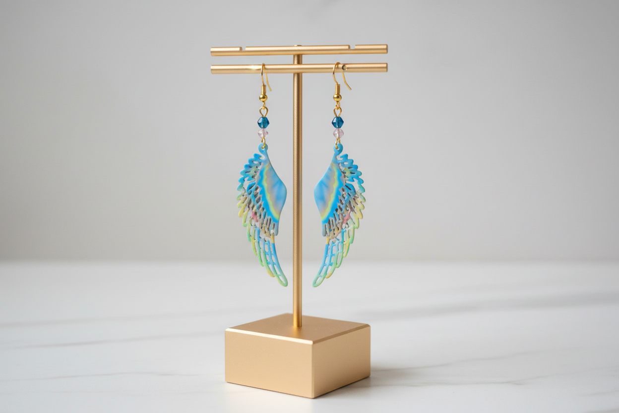 Earrings - Stainless steel fairy wings and beads on gold hook