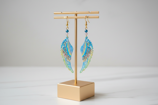 Earrings - Stainless steel fairy wings and beads on gold hook
