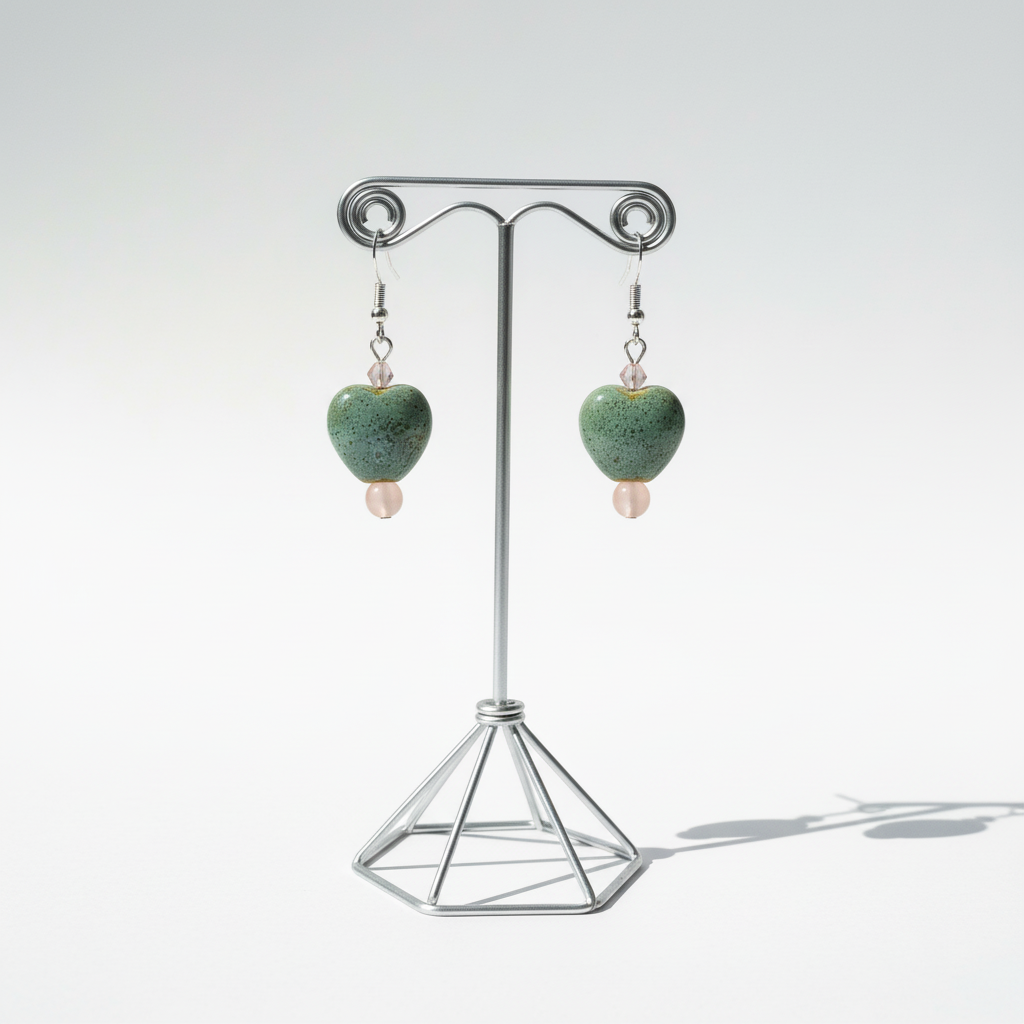 A pair of chunky heart-shaped bead earrings with crystal beads, suspended from metallic hooks.