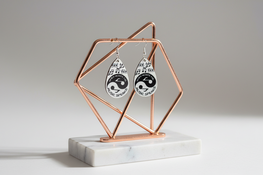 Earrings - Double sided sublimated  "when words fail, music speaks" image on silver hook