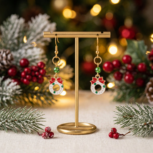 Earrings - Gold Plated white Christmas wreath charm hook