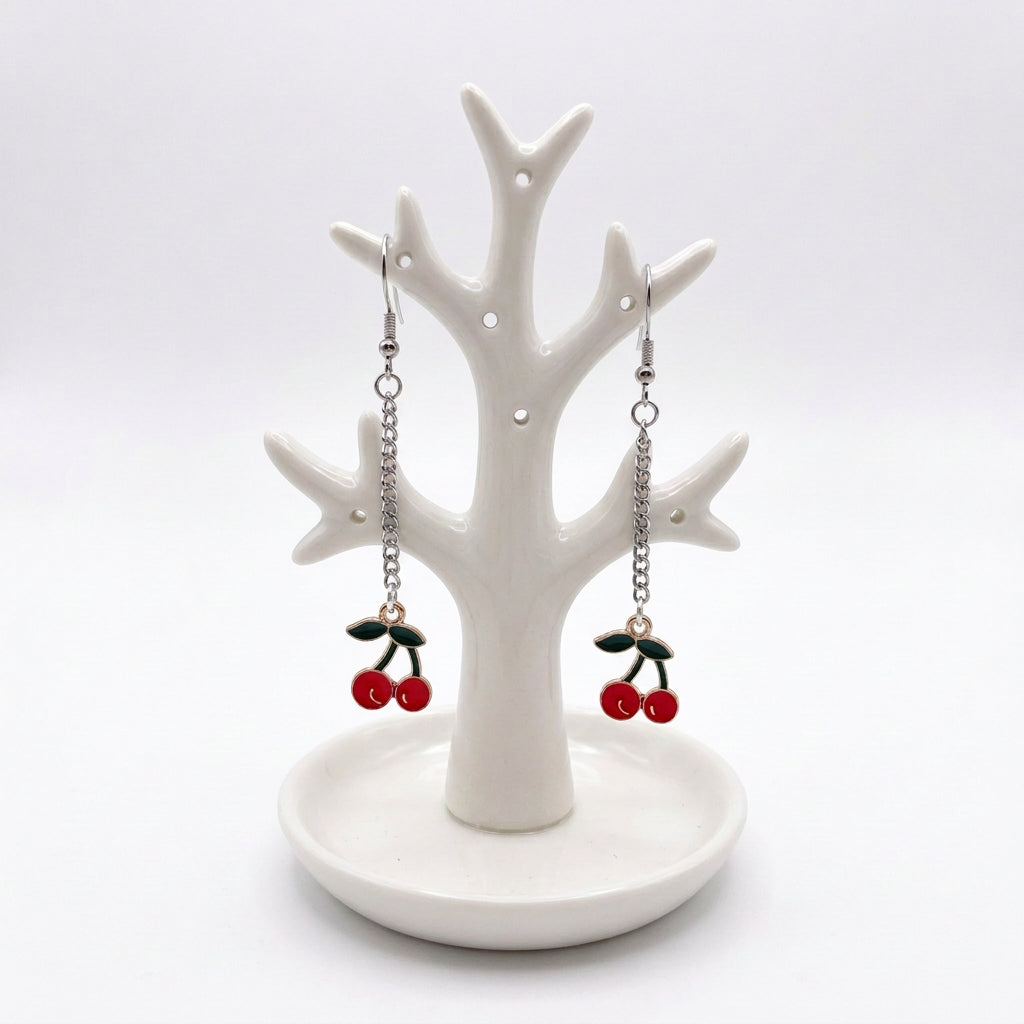 A pair of gold plated cherry on silver chain drop hook earrings.