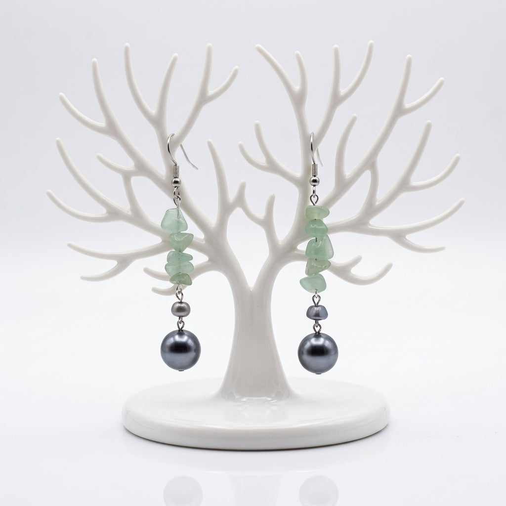 Earrings - Light green crystal bead and silver blue bead on silver hook