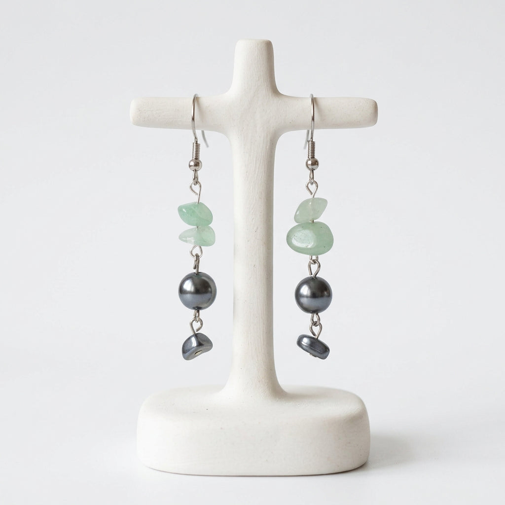 Earrings - Light green crystal bead and silver grey bead on silver hook