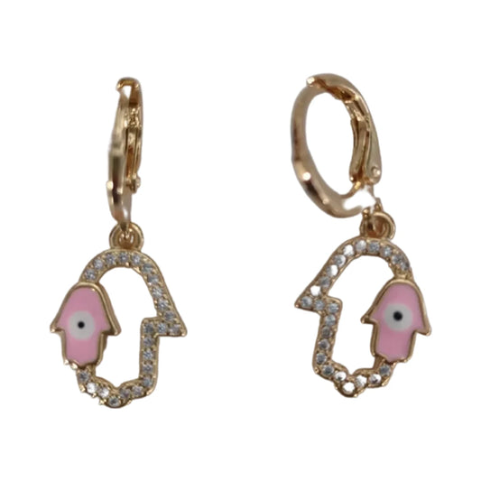 Earrings - Pink Evil eye pattern rhinestone gold hand drop