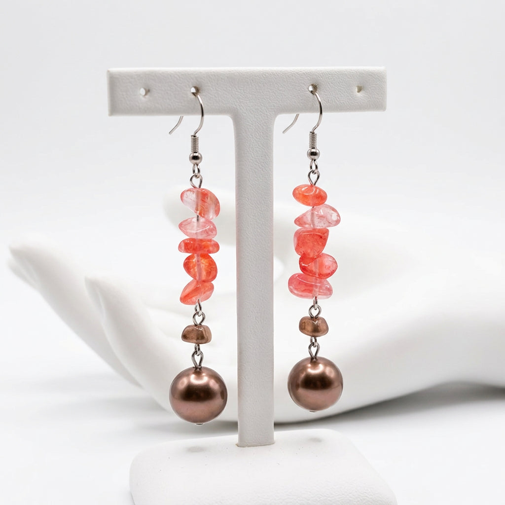 Earrings - Pink crystal bead and silver tan bead on silver hook
