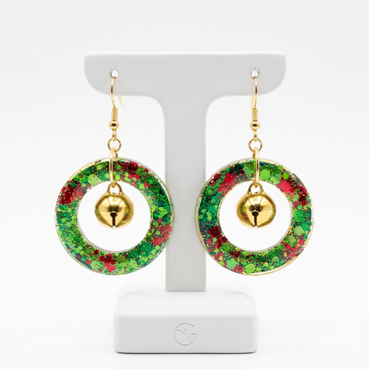 Earrings - Resin wreath with jingle bell on hook