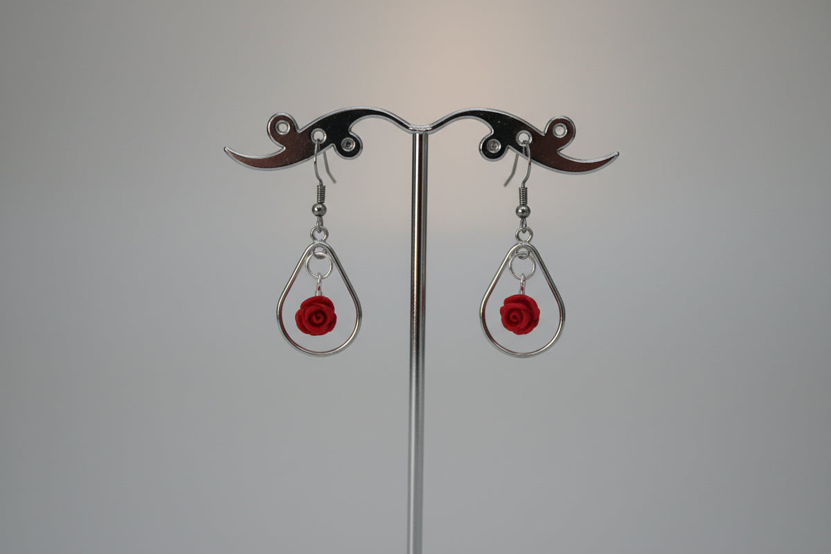 Earrings - Tear drop with Cinnabar Carved Red Rose Bead on silver hook