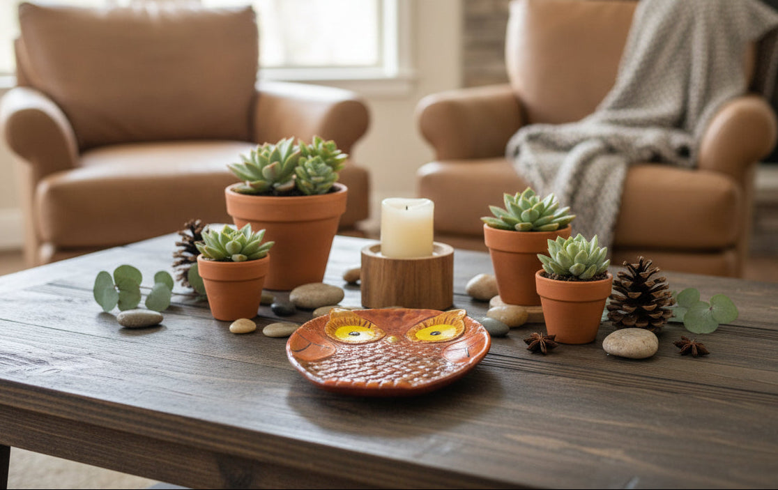 Decorative setup on a wooden table with potted succulents, candles, and a ceramic owl plate.