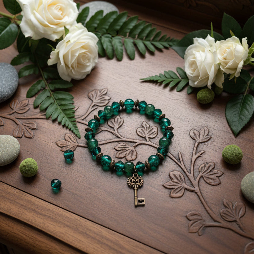 A beaded stretch bracelet featuring faceted green glass beads, small bronze cone spacers, and a dangling antique-style metal key charm, displayed on a wood surface.