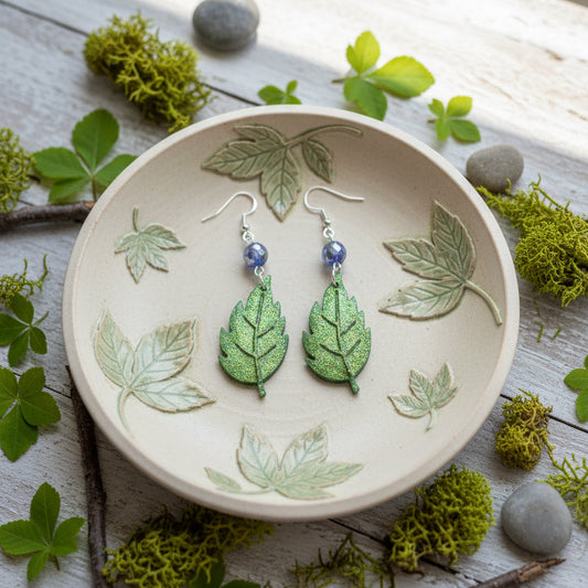 Enchanted Forest Textured Leaf Dangle Earrings in Sterling Silver
