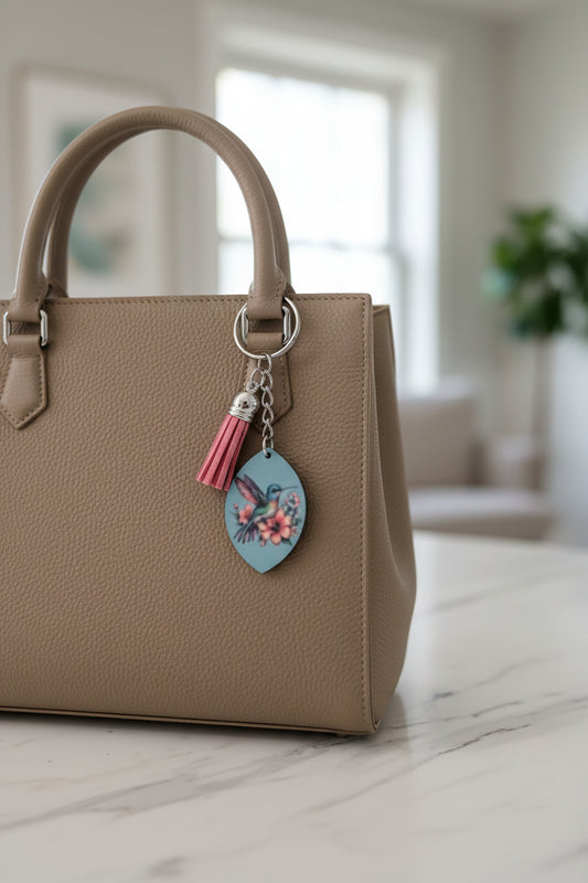Floral Hummingbird Keychain – Double-Sided Sublimated Bag Charm with Pink Tassel
