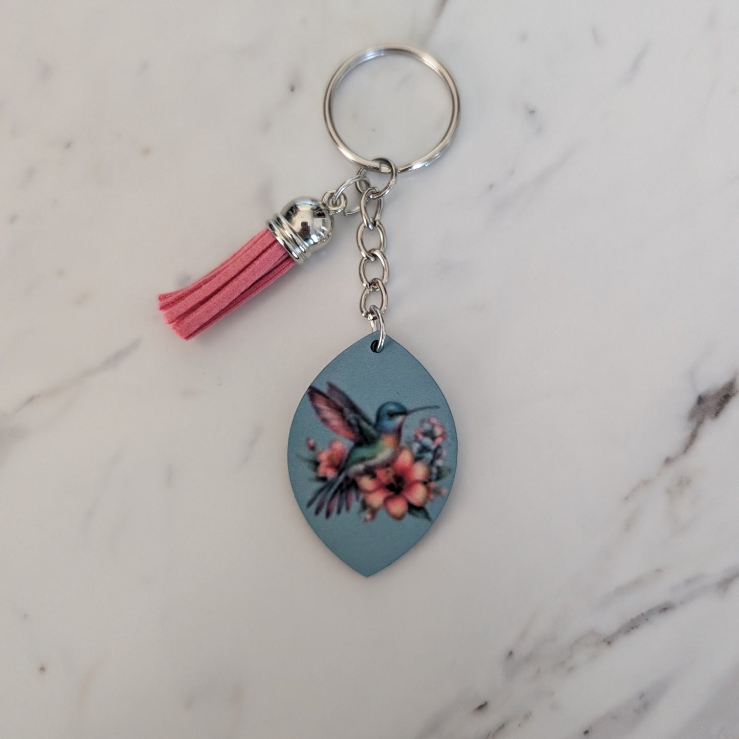Floral Hummingbird Keychain – Double-Sided Sublimated Bag Charm with Pink Tassel