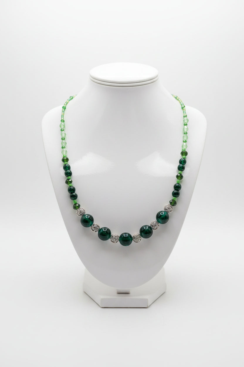 Forest Muse: Green Glass, Crystal, and Stainless Steel Beaded Statement Necklace