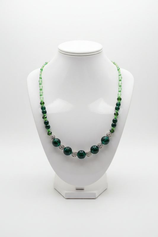 Forest Muse: Green Glass, Crystal, and Stainless Steel Beaded Statement Necklace